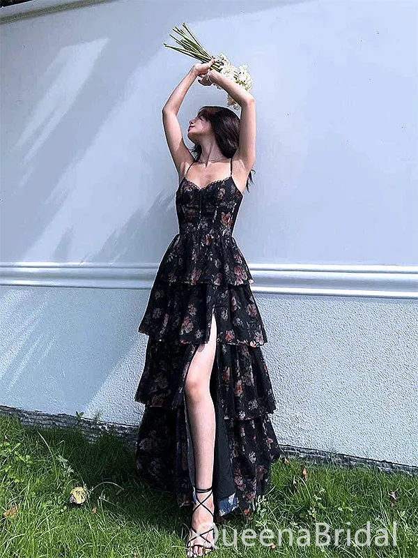 Sexy Black Spaghetti Strap Side Slit Ruffles A-Line Evening Long Prom Dresses,WGP463