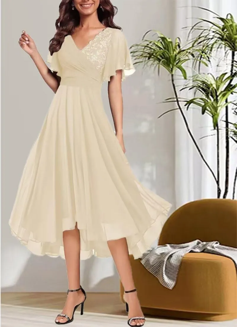 Short Sleeves Mother of Bride Dresses Laces V-Neck Formal Evening Dress Elegant Mother of The Groom Dress