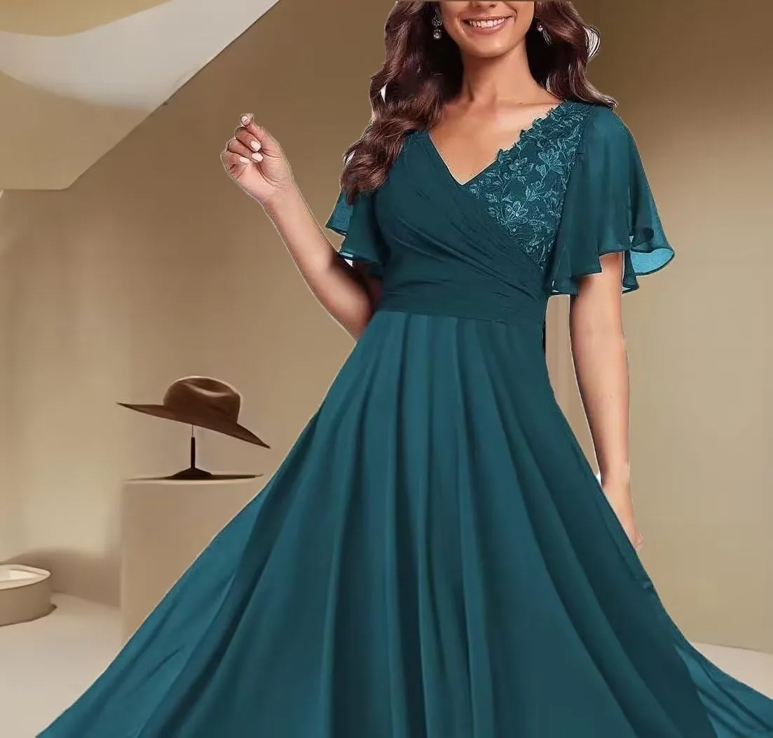 Short Sleeves Mother of Bride Dresses Laces V-Neck Formal Evening Dress Elegant Mother of The Groom Dress