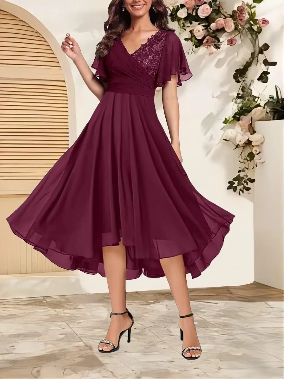 Short Sleeves Mother of Bride Dresses Laces V-Neck Formal Evening Dress Elegant Mother of The Groom Dress