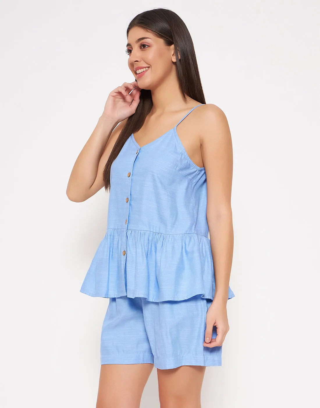 Sky Blue Rayon Chic Basic Peplum Top & Shorts Set