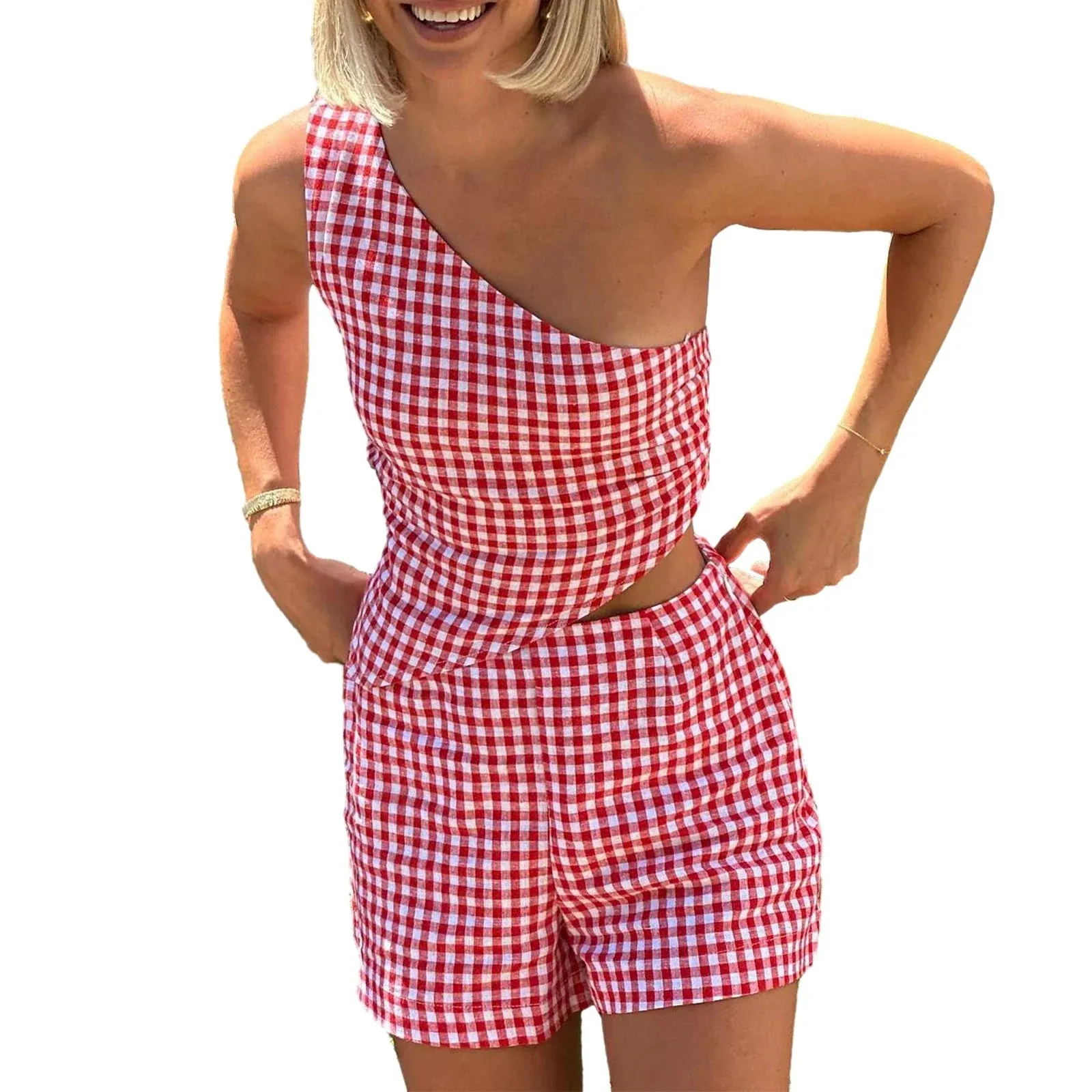 Sleeveless One Shoulder Tank Tops High Waist Loungewear Casual Pajamas