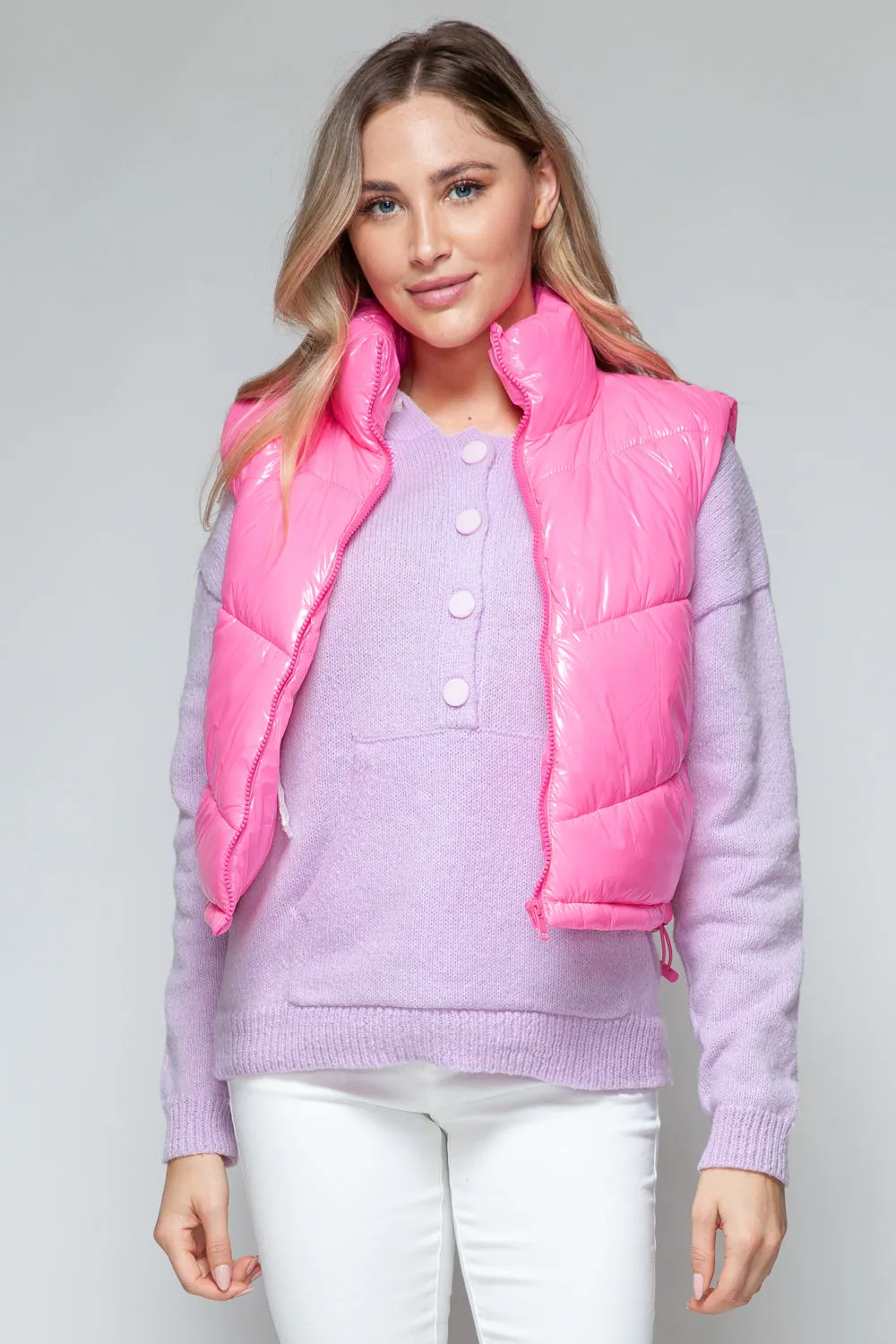 Snobbish Shiny Quilted Vest – Zip-Up Turtleneck Fashionable Outerwear