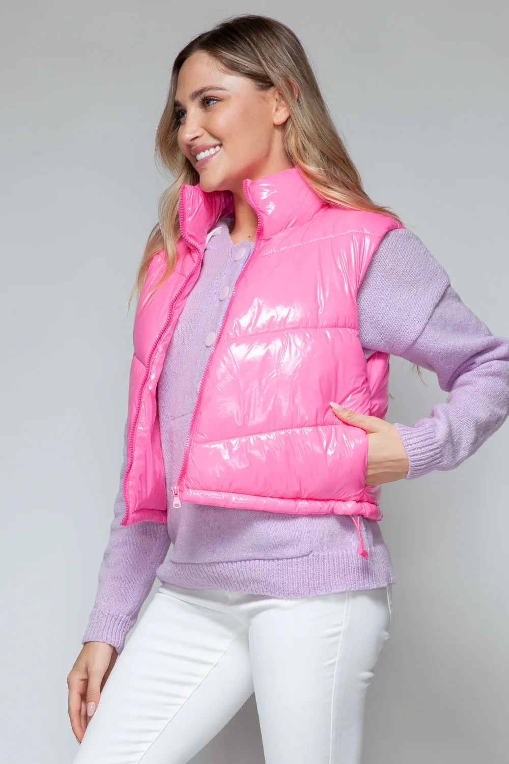Snobbish Shiny Quilted Vest – Zip-Up Turtleneck Fashionable Outerwear