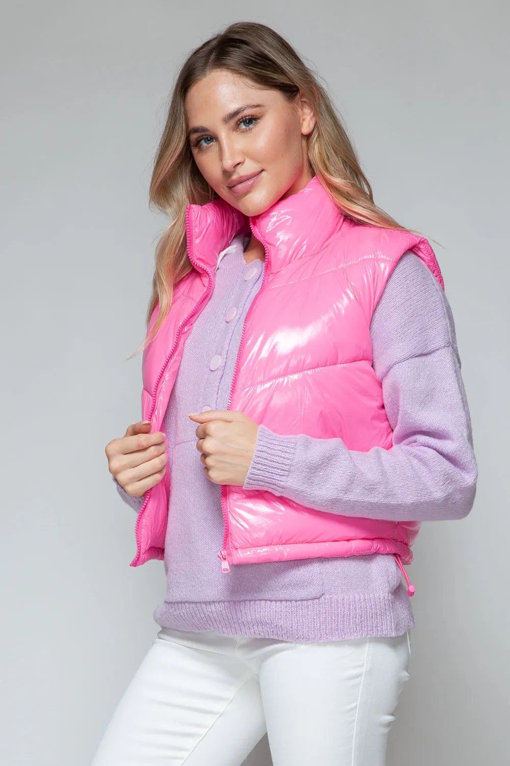 Snobbish Shiny Quilted Vest – Zip-Up Turtleneck Fashionable Outerwear