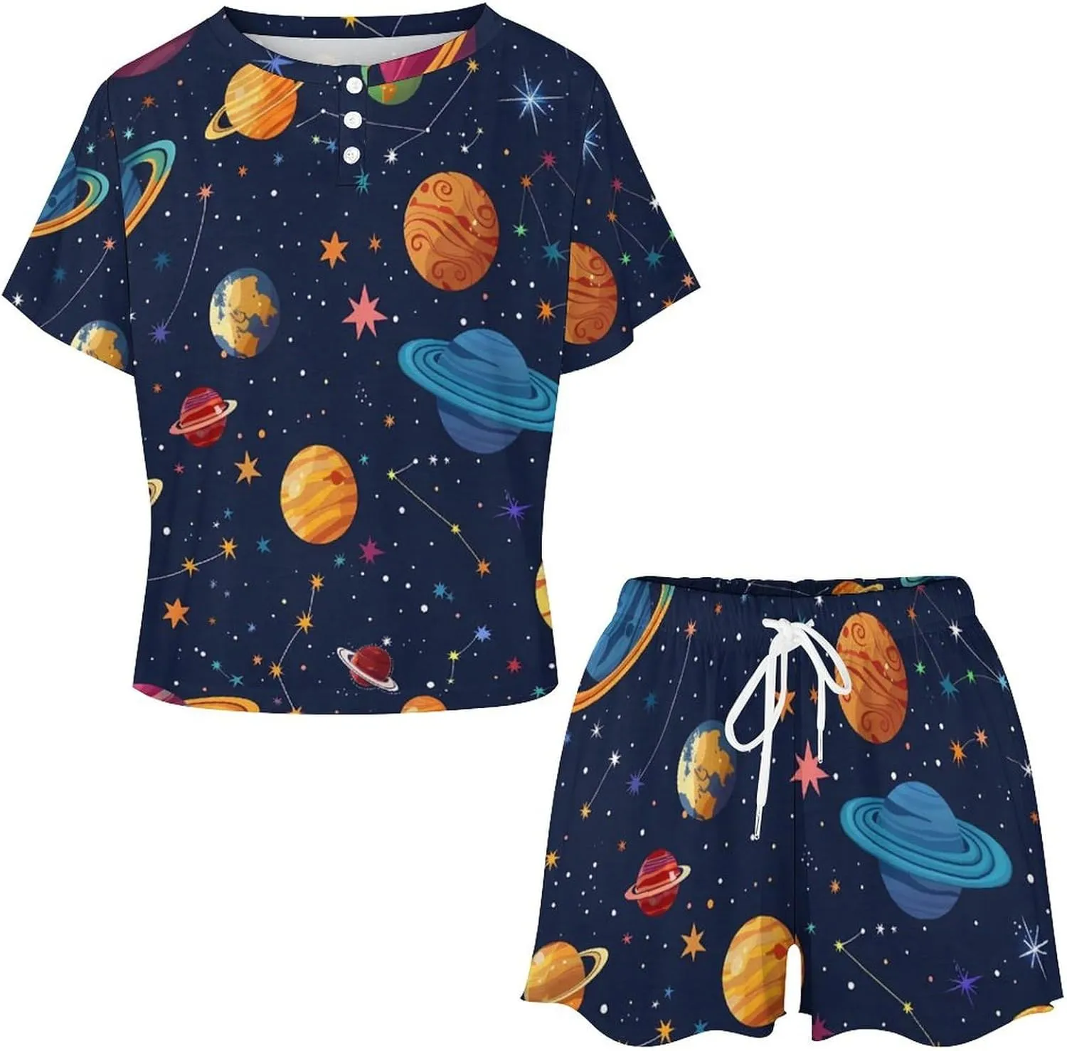 Space Colourful Planets Women's Pajama Sets Short Sleeve Shirt And Shorts Cozy Sleepwear Loungewear Pjs