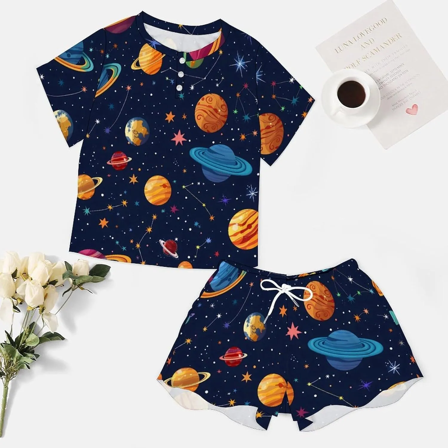 Space Colourful Planets Women's Pajama Sets Short Sleeve Shirt And Shorts Cozy Sleepwear Loungewear Pjs