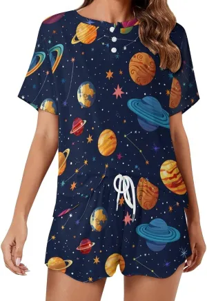Space Colourful Planets Women's Pajama Sets Short Sleeve Shirt And Shorts Cozy Sleepwear Loungewear Pjs