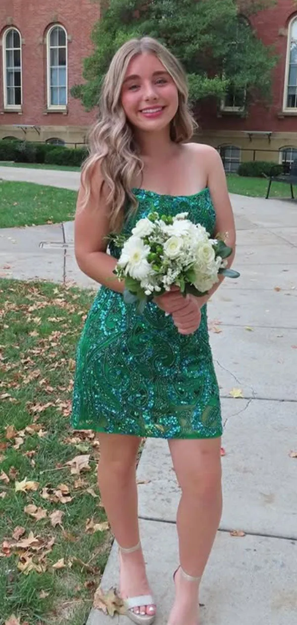 Sparkly Green Straight Across Homecoming Dress Graduation Party Dress , QB0920