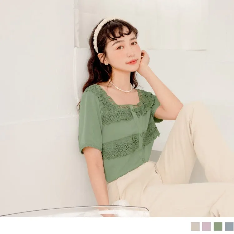 SQUARE NECK SHORT SLEEVE LACED CHIFFON TOPS