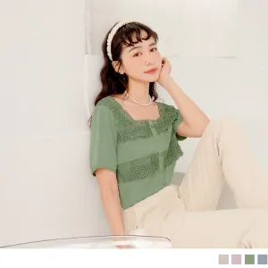 SQUARE NECK SHORT SLEEVE LACED CHIFFON TOPS