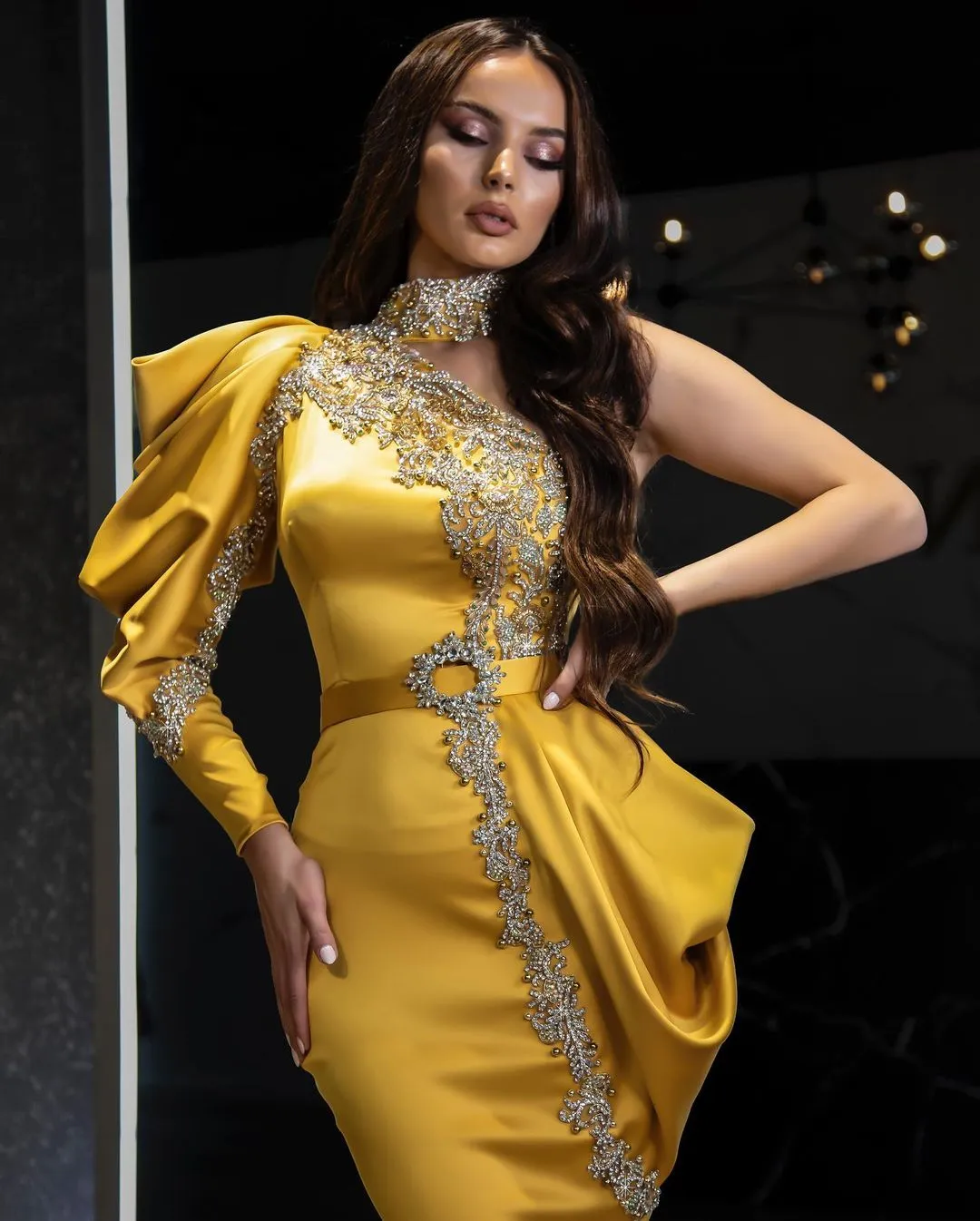 Stunning Ruffle Satin Mermaid Evening Dress with Sparkly Crystals Embellishments