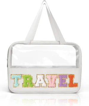 Stylish Clear Cosmetic Bag with Quilted Initials - Transparent Toiletry Organizer with Detachable Strap for Women - Waterproof Makeup Case for Travel and Daily Use