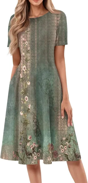Summer Dresses for Women 2025 Casual Short Sleeve Round Neck Midi Dresses Elegant Pleated A Line Empire Waist Dress