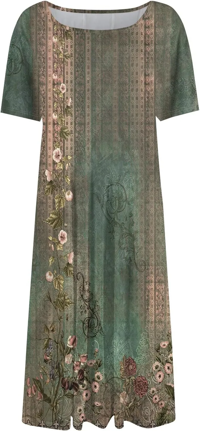 Summer Dresses for Women 2025 Casual Short Sleeve Round Neck Midi Dresses Elegant Pleated A Line Empire Waist Dress