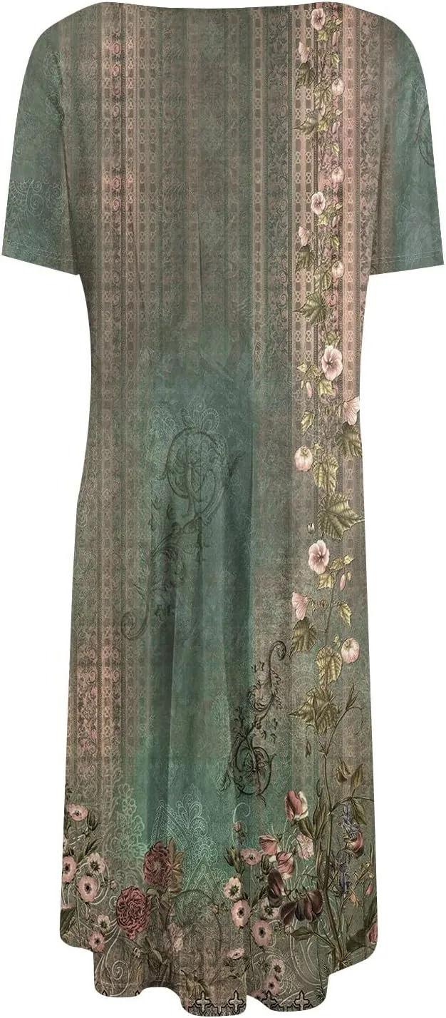 Summer Dresses for Women 2025 Casual Short Sleeve Round Neck Midi Dresses Elegant Pleated A Line Empire Waist Dress