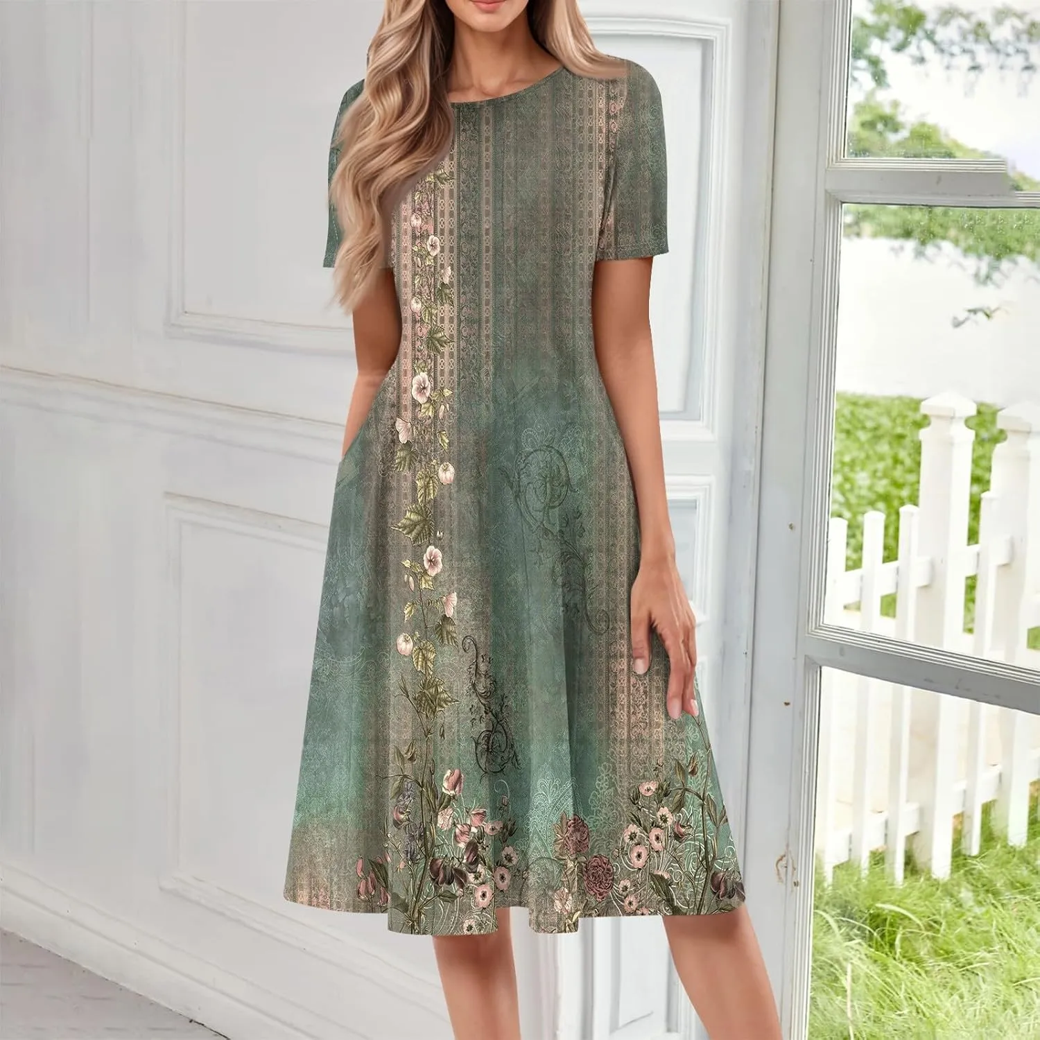 Summer Dresses for Women 2025 Casual Short Sleeve Round Neck Midi Dresses Elegant Pleated A Line Empire Waist Dress