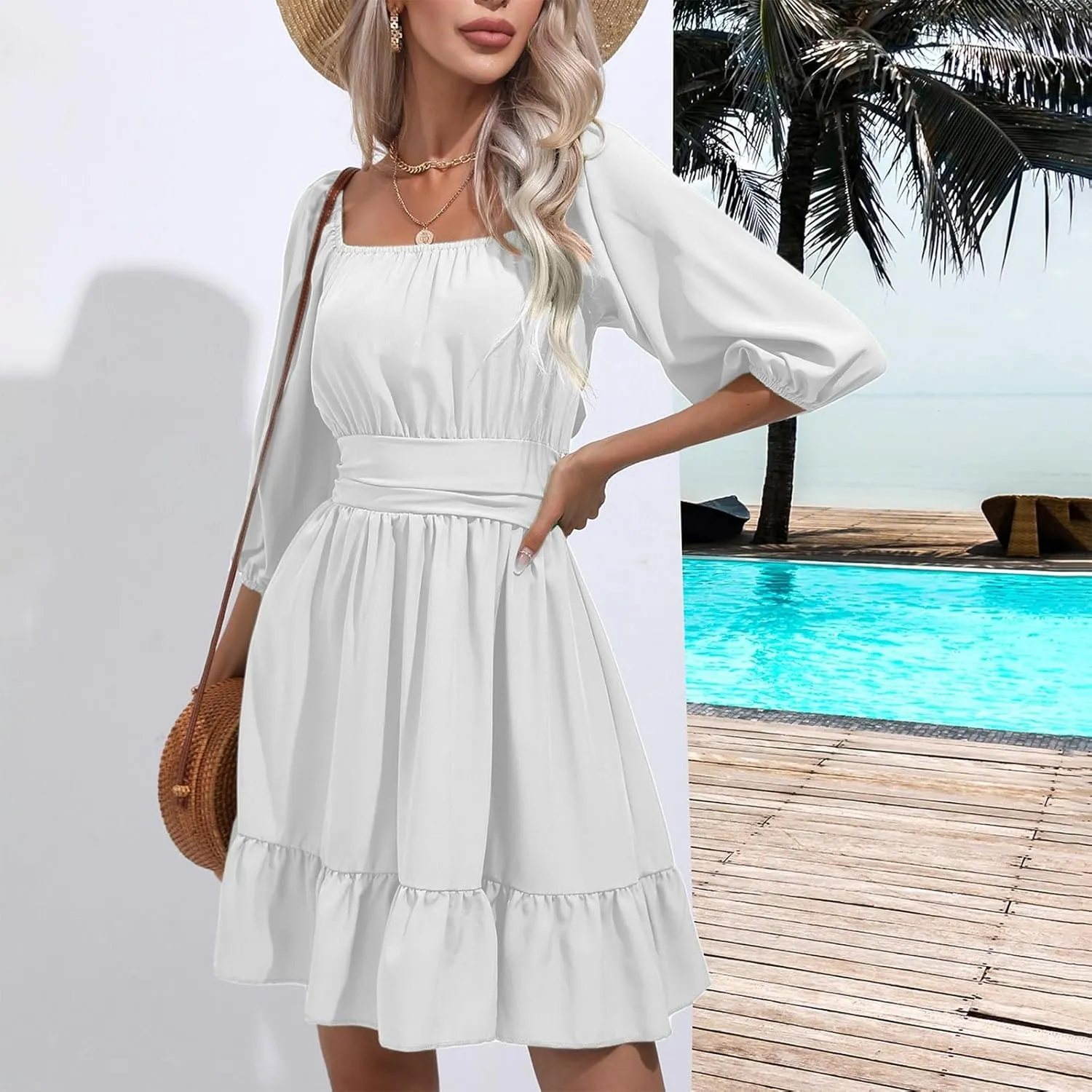 Summer Short Sleeve Boho Dress Casual Square Neck Sexy Mini Dress Elegant Formal Ruched Flowy A Line Ruffle Dress