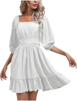 Summer Short Sleeve Boho Dress Casual Square Neck Sexy Mini Dress Elegant Formal Ruched Flowy A Line Ruffle Dress