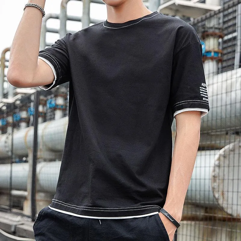 Summer Short Sleeve T-Shirt Trendy Half Sleeved Loose False Two-Piece Tops Student T-Shirt