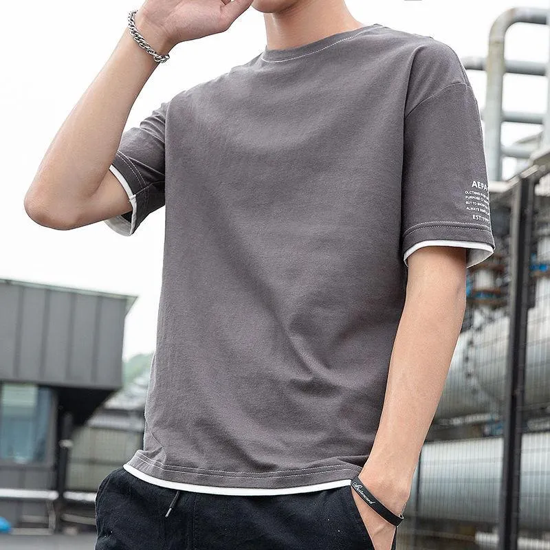 Summer Short Sleeve T-Shirt Trendy Half Sleeved Loose False Two-Piece Tops Student T-Shirt