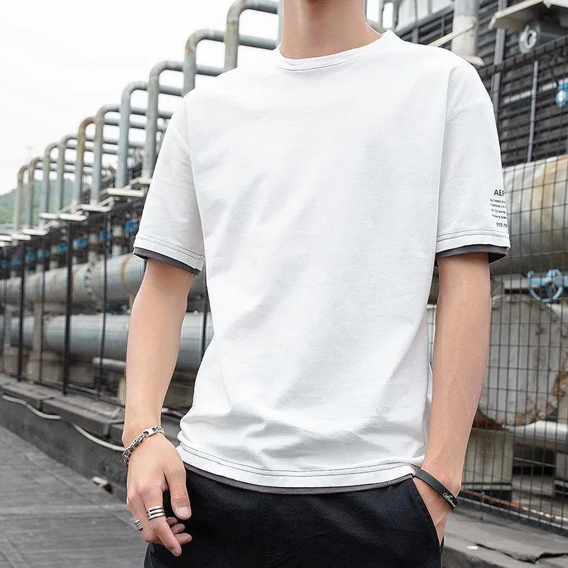 Summer Short Sleeve T-Shirt Trendy Half Sleeved Loose False Two-Piece Tops Student T-Shirt
