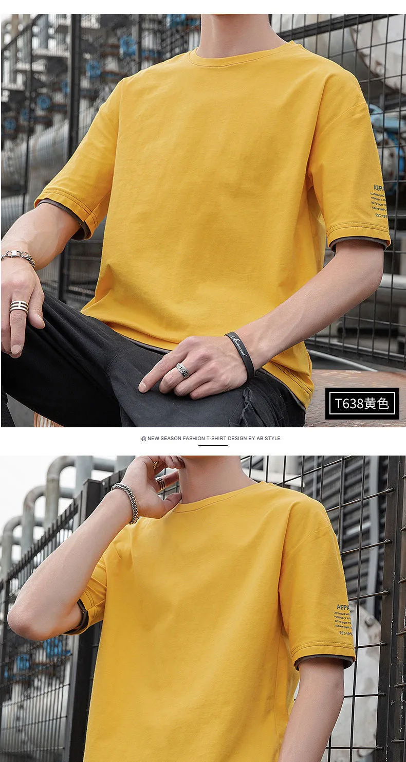 Summer Short Sleeve T-Shirt Trendy Half Sleeved Loose False Two-Piece Tops Student T-Shirt