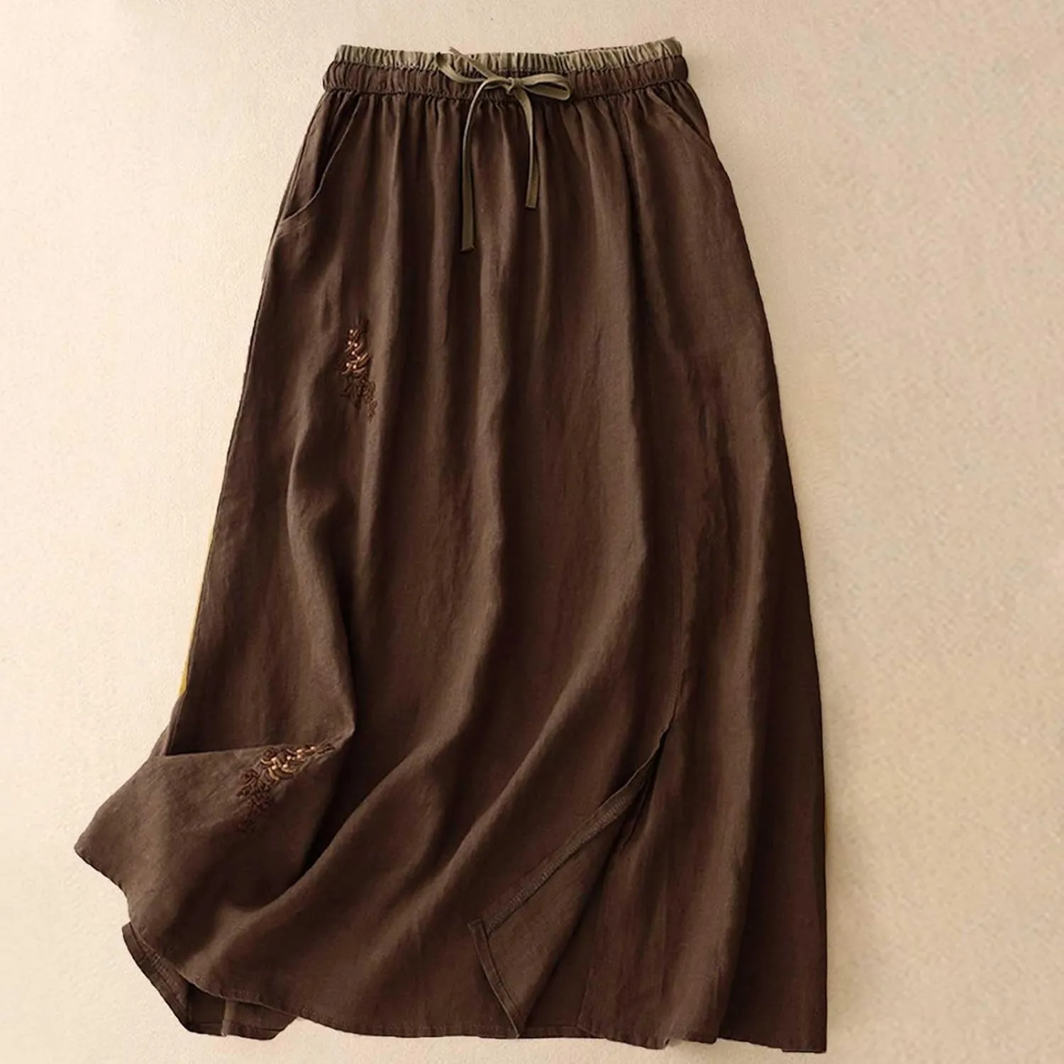 Summer Skirts for Women 2025 Trendy Soft Elastic Waisted Linen Skirt Midi Length Flowy Pleated Beach Maxi Skirt