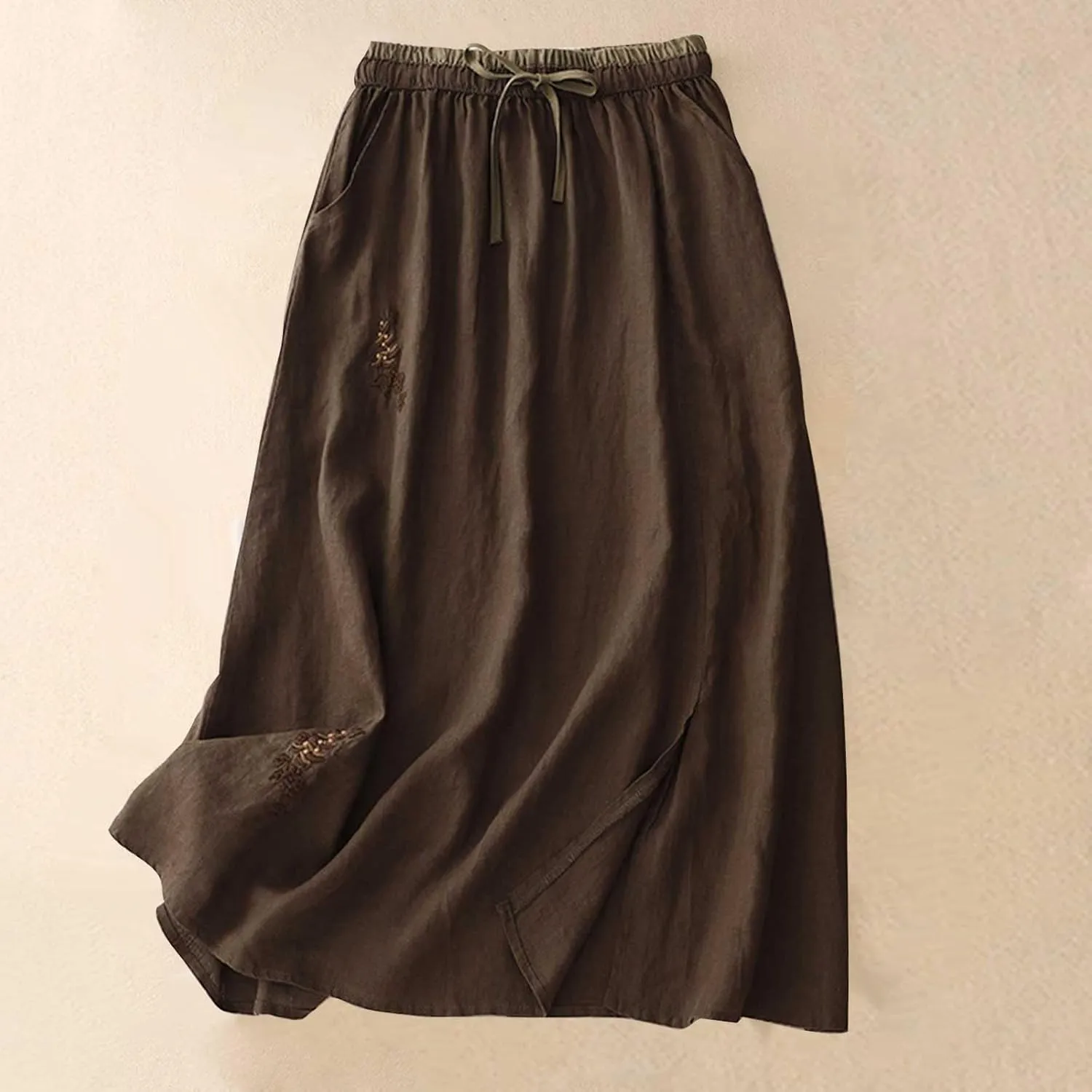 Summer Skirts for Women 2025 Trendy Soft Elastic Waisted Linen Skirt Midi Length Flowy Pleated Beach Maxi Skirt