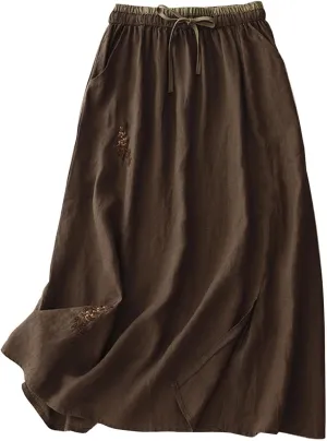 Summer Skirts for Women 2025 Trendy Soft Elastic Waisted Linen Skirt Midi Length Flowy Pleated Beach Maxi Skirt