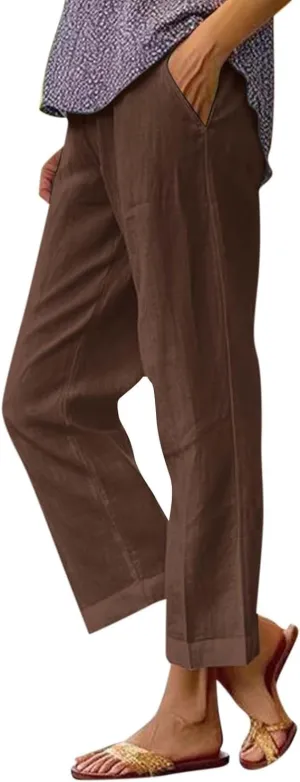 Summer Womens Linen Pants Casual Elastic Waist Baggy Trouser Solid Color Straight Leg Pants with Pockets