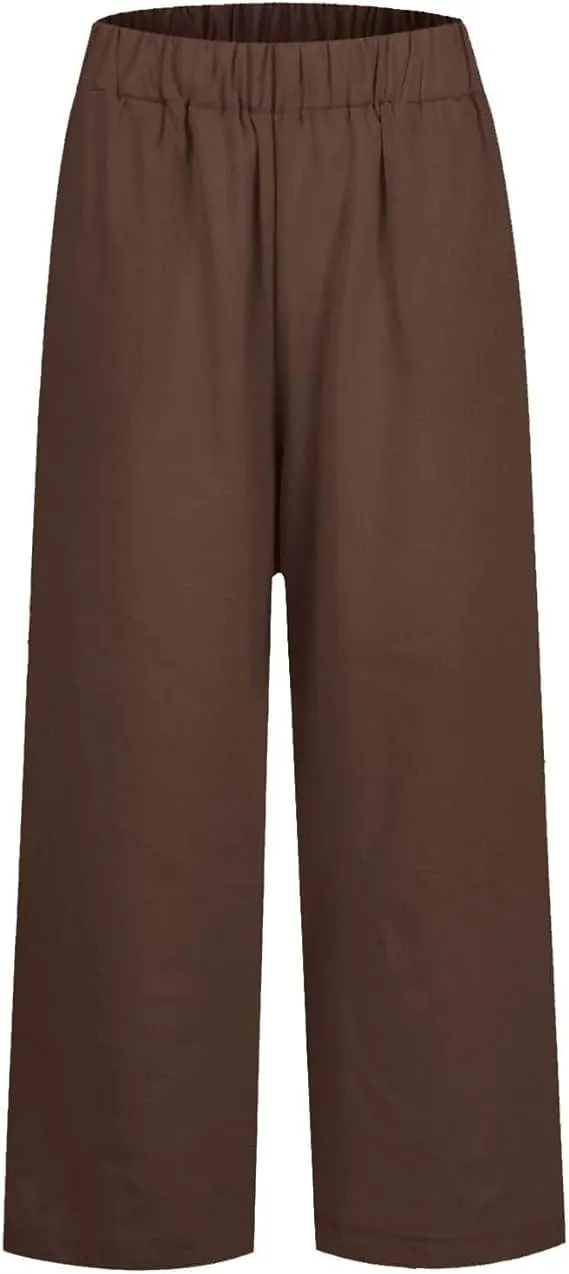 Summer Womens Linen Pants Casual Elastic Waist Baggy Trouser Solid Color Straight Leg Pants with Pockets
