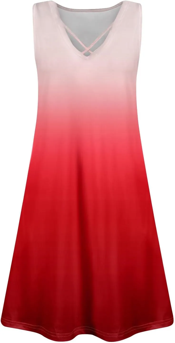 Sun Dresses for Women 2025 Trendy Gradient Print Sleeveless Tank Dress Summer Cross Vneck Beach Dresses with Pocket