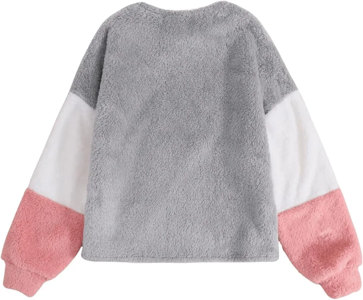 SweatyRocks Girl's Fuzzy Sweatshirt Fleece Round Neck Color Block Casual Loose Pullover Tops