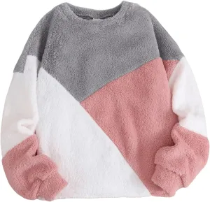 SweatyRocks Girl's Fuzzy Sweatshirt Fleece Round Neck Color Block Casual Loose Pullover Tops