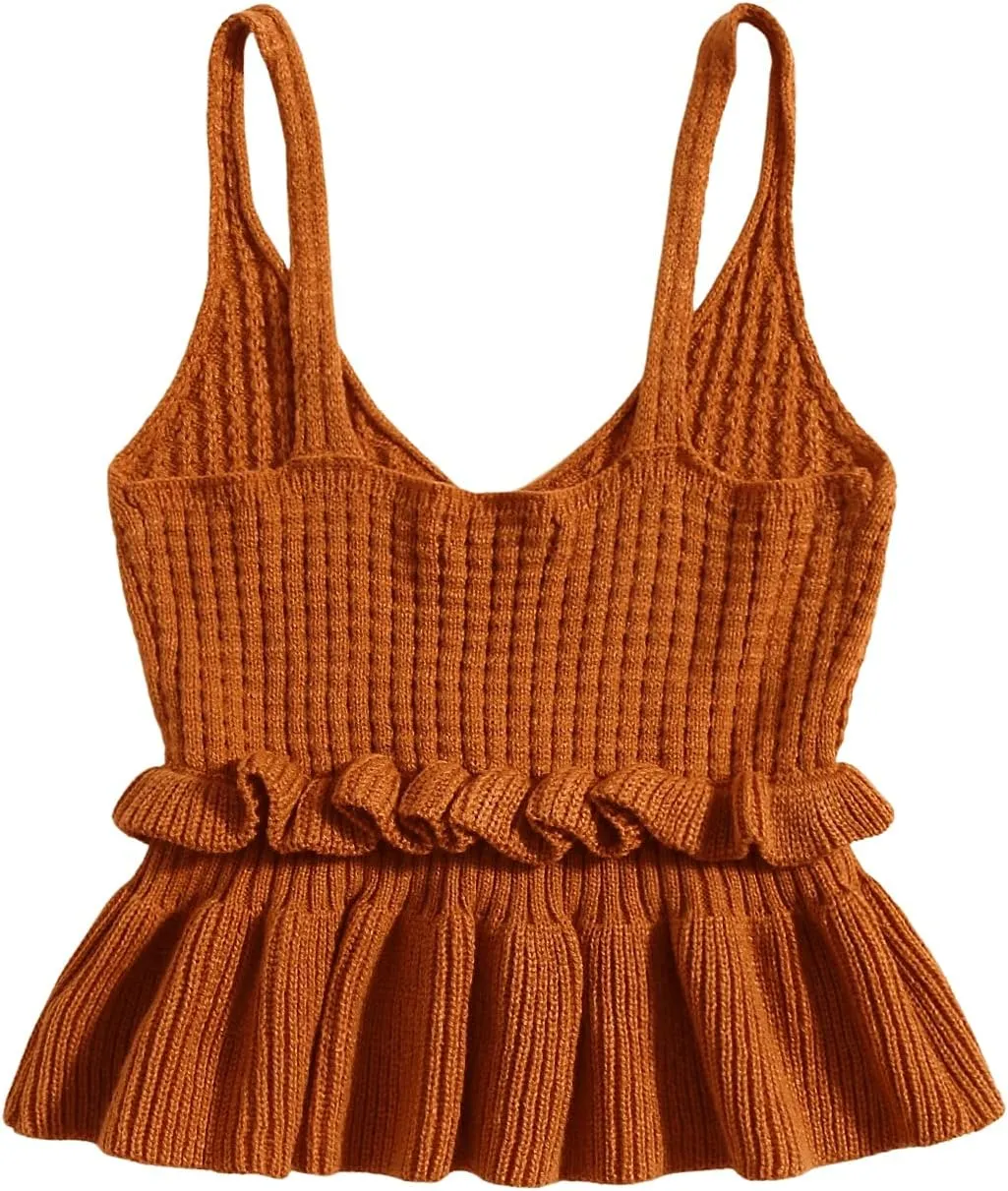 SweatyRocks Women's Casual Spaghetti Strap Ruffle Hem Peplum Cropped Knit Sweater