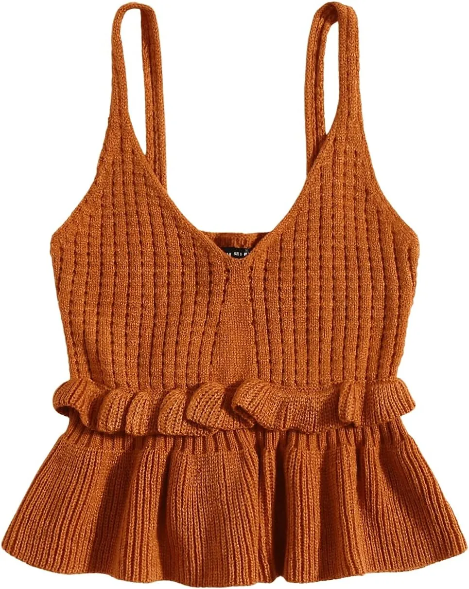 SweatyRocks Women's Casual Spaghetti Strap Ruffle Hem Peplum Cropped Knit Sweater