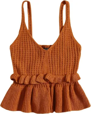 SweatyRocks Women's Casual Spaghetti Strap Ruffle Hem Peplum Cropped Knit Sweater