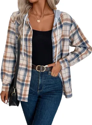 SweatyRocks Women's Long Sleeve Plaid Hoodie Jacket Button Down Blouse Tops
