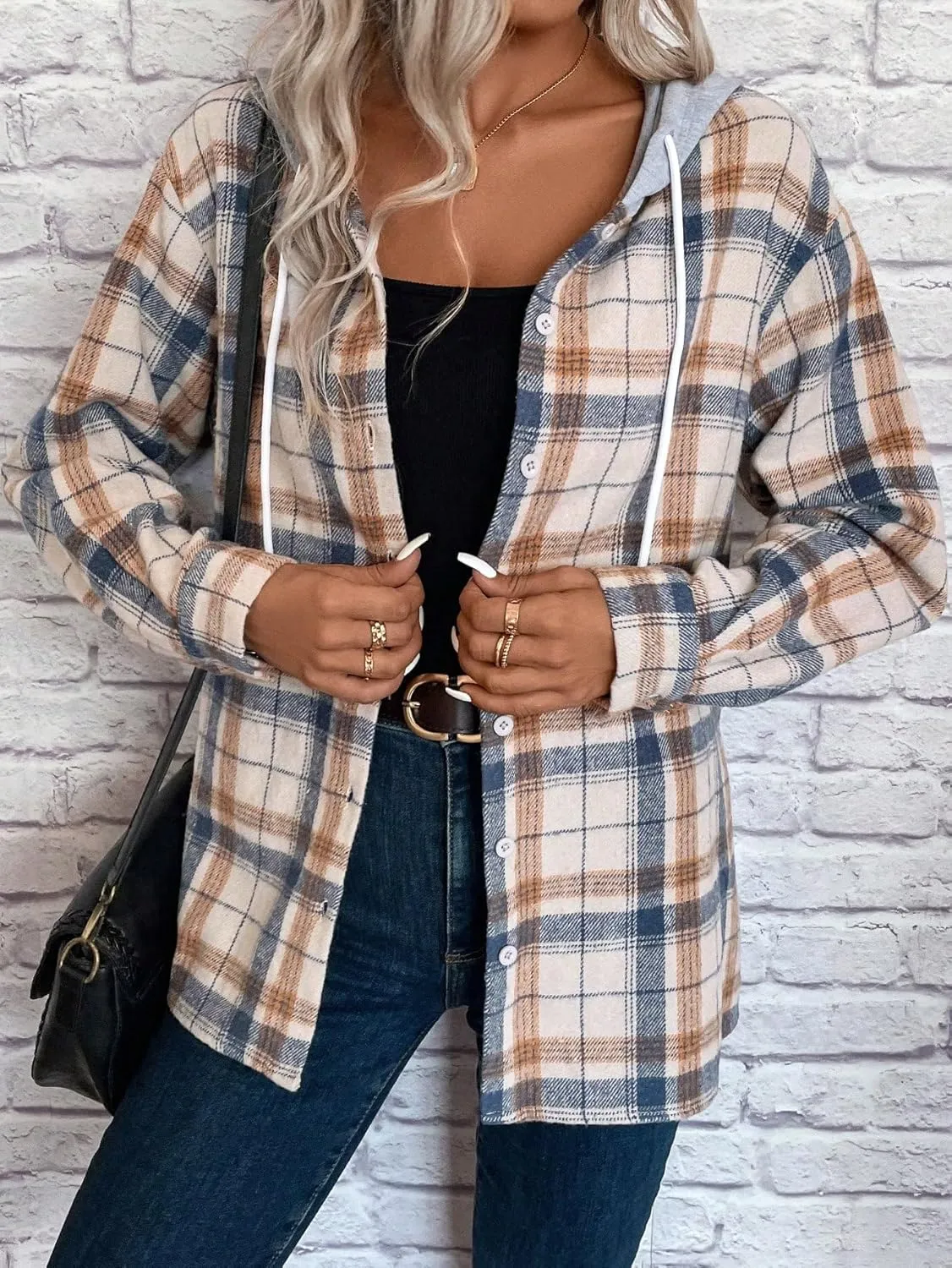 SweatyRocks Women's Long Sleeve Plaid Hoodie Jacket Button Down Blouse Tops