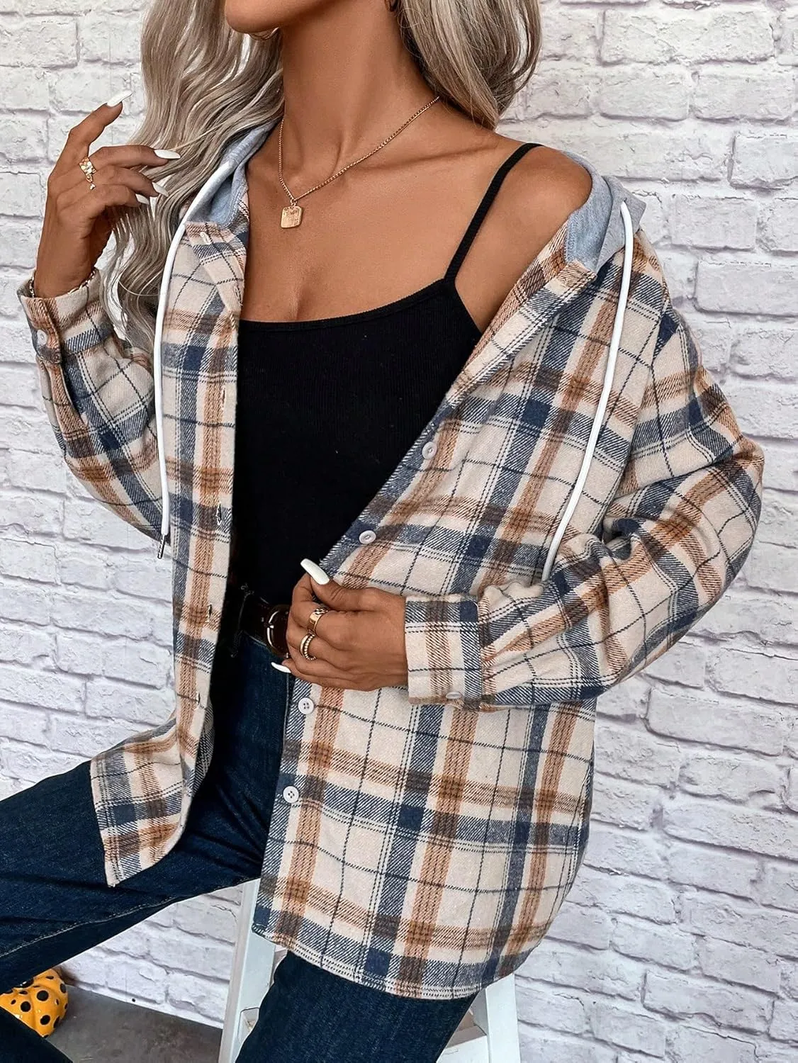 SweatyRocks Women's Long Sleeve Plaid Hoodie Jacket Button Down Blouse Tops