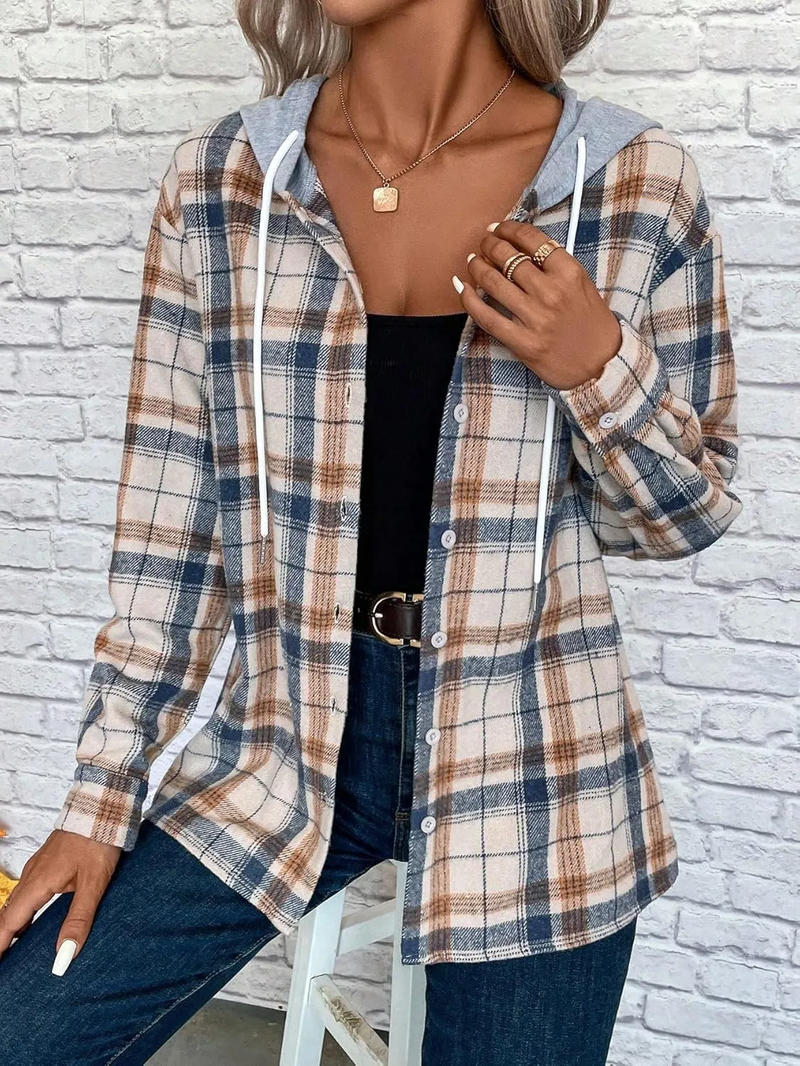 SweatyRocks Women's Long Sleeve Plaid Hoodie Jacket Button Down Blouse Tops