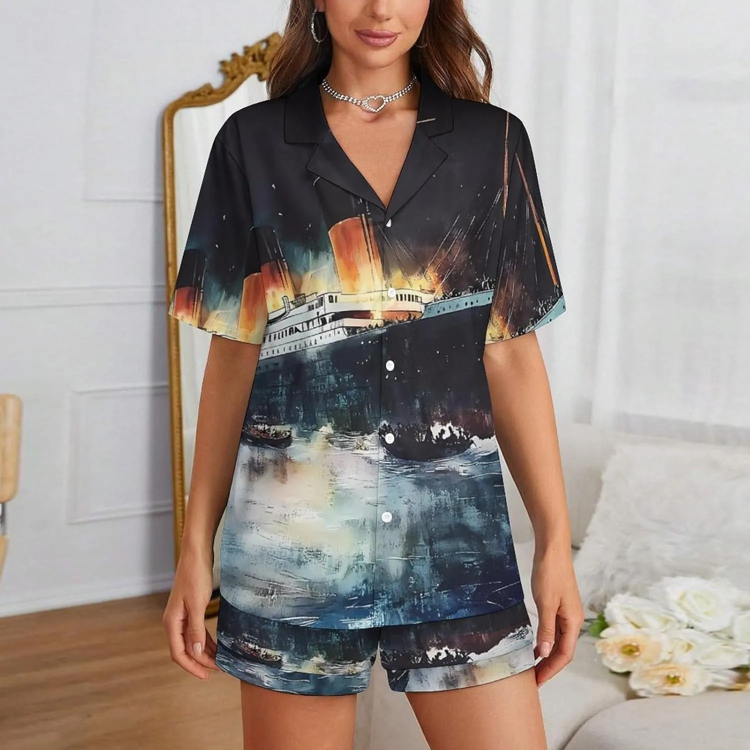 The Sinking of The Titanic Ship 2 Pcs Pajamas For Women Set Cozy Short Sleeve Sleepwear Nightwear Loungewear