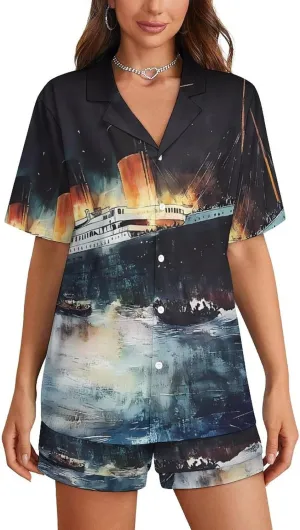 The Sinking of The Titanic Ship 2 Pcs Pajamas For Women Set Cozy Short Sleeve Sleepwear Nightwear Loungewear