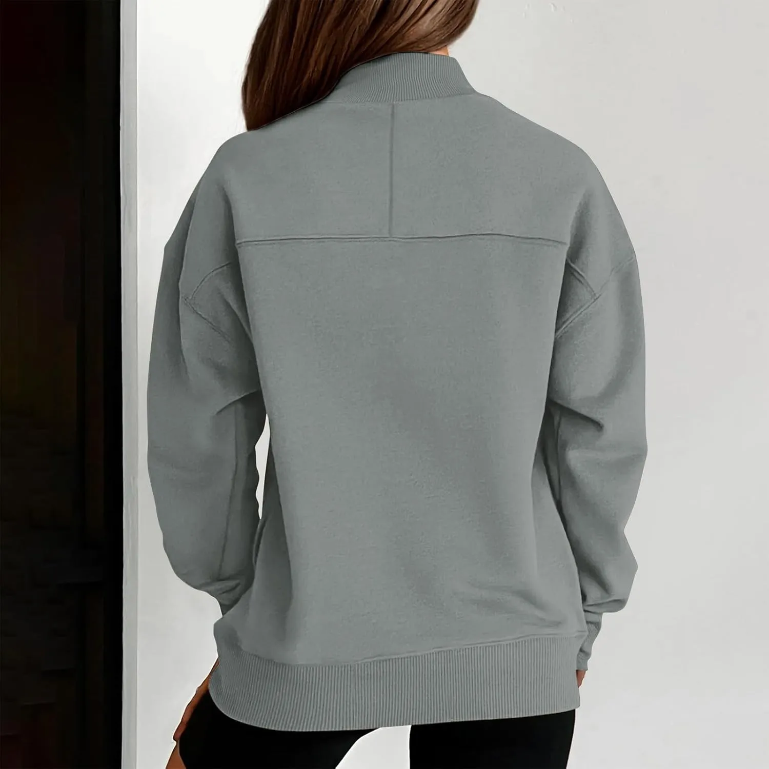 Trendy Sweatshirt for Women with Pockets Stretchy Mock Neck Tops Drop Shoulder Solid Color Pullover Hoodie Y2K