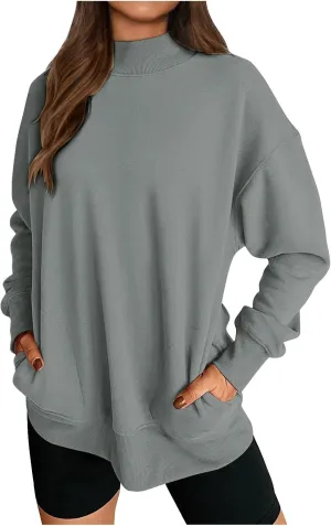Trendy Sweatshirt for Women with Pockets Stretchy Mock Neck Tops Drop Shoulder Solid Color Pullover Hoodie Y2K