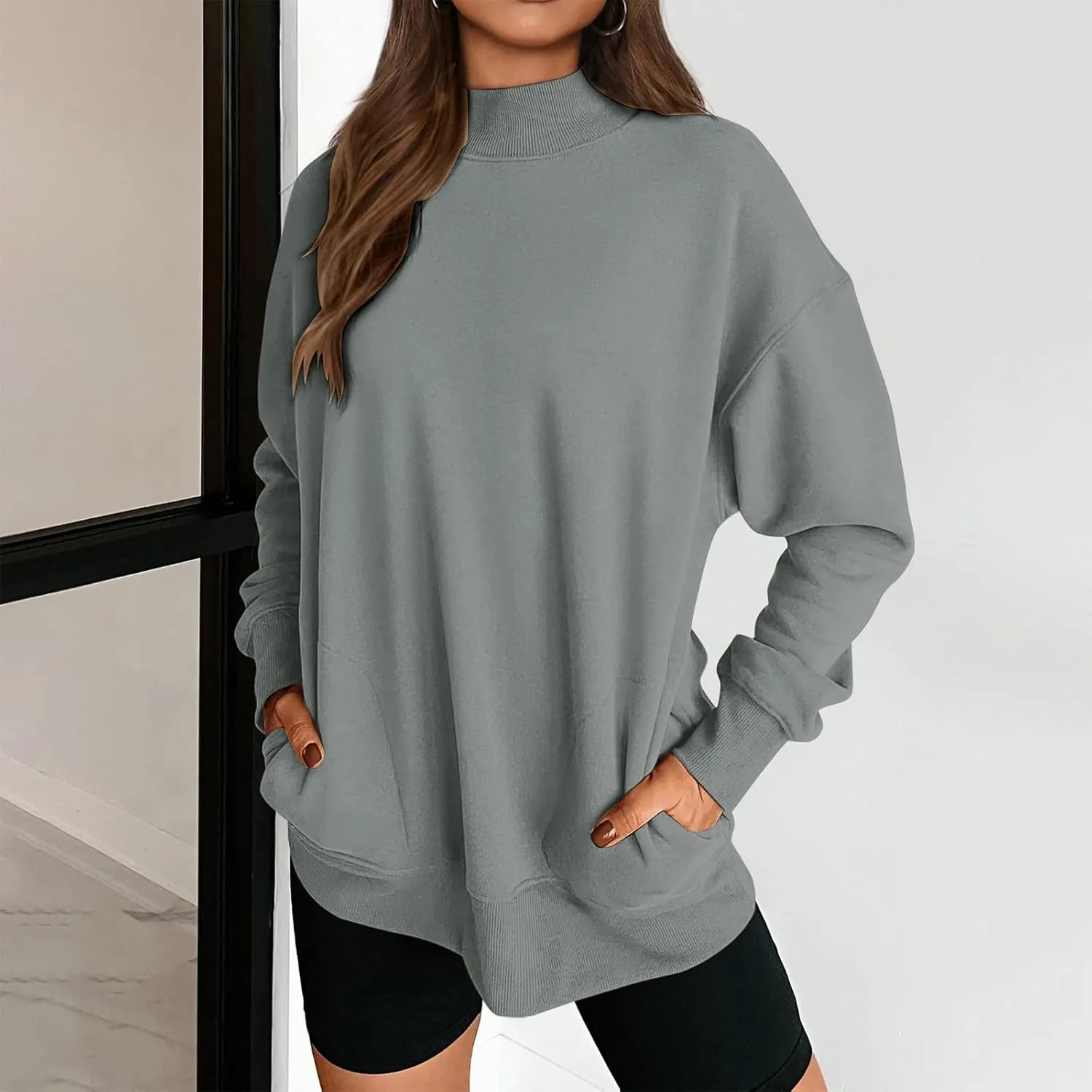 Trendy Sweatshirt for Women with Pockets Stretchy Mock Neck Tops Drop Shoulder Solid Color Pullover Hoodie Y2K