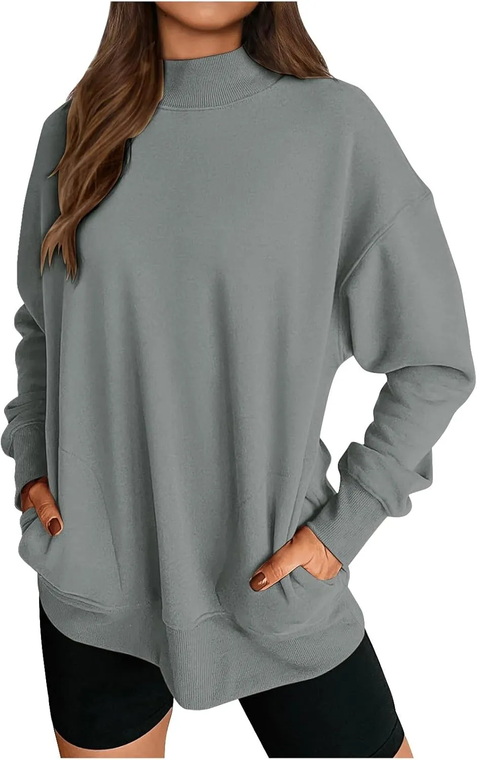 Trendy Sweatshirt for Women with Pockets Stretchy Mock Neck Tops Drop Shoulder Solid Color Pullover Hoodie Y2K