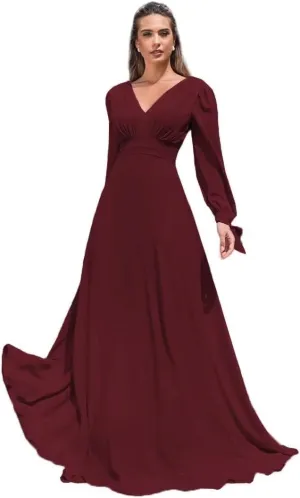 TRHTX Elegant Chiffon Long Sleeve Bridesmaid Dresses for Women Long V Neck Formal Dresses A-line Pleated Party Gowns