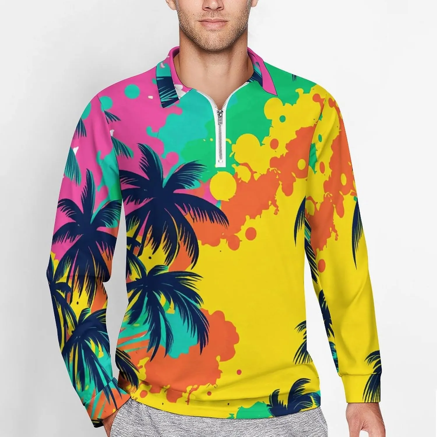 Tropical Palm-Trees Men's Lapel Neck Polo- Shirts Slim Fit Long Sleeve Golf T-Shirts Casual Tees